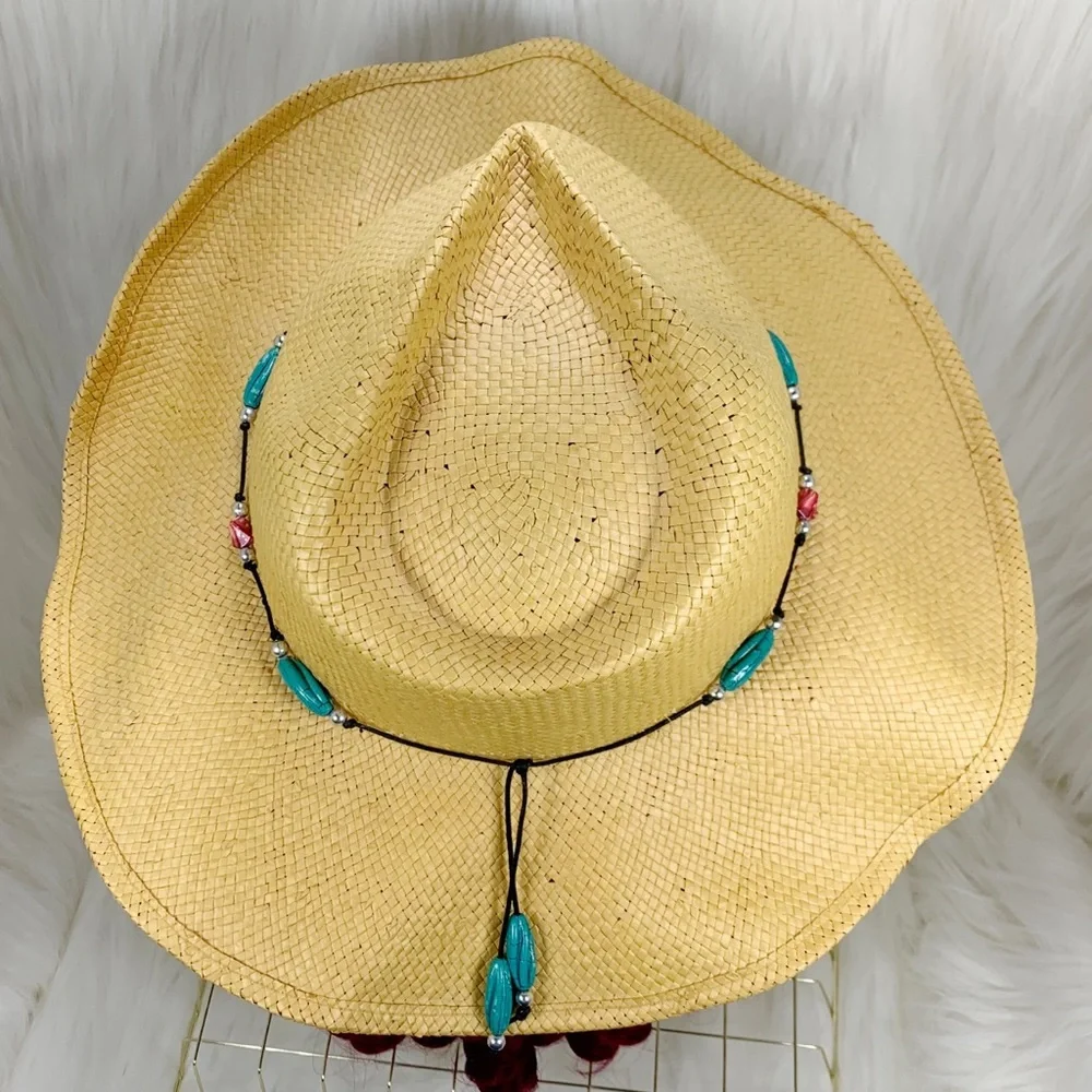 Golden Natural Fiber Cowboy Hat with Beaded Embellished String Tie Band